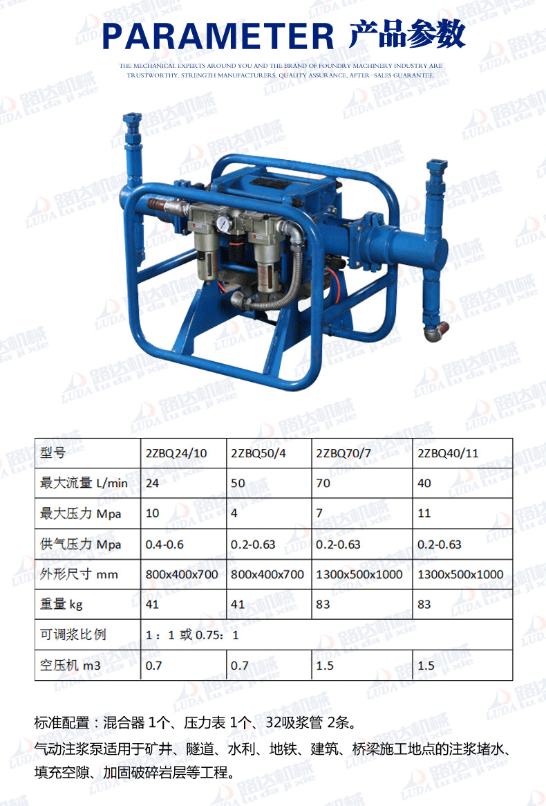 氣動注漿泵 2ZBQ40/11雙液注漿機 空氣壓縮式風動注漿泵 廠家直銷示例圖3